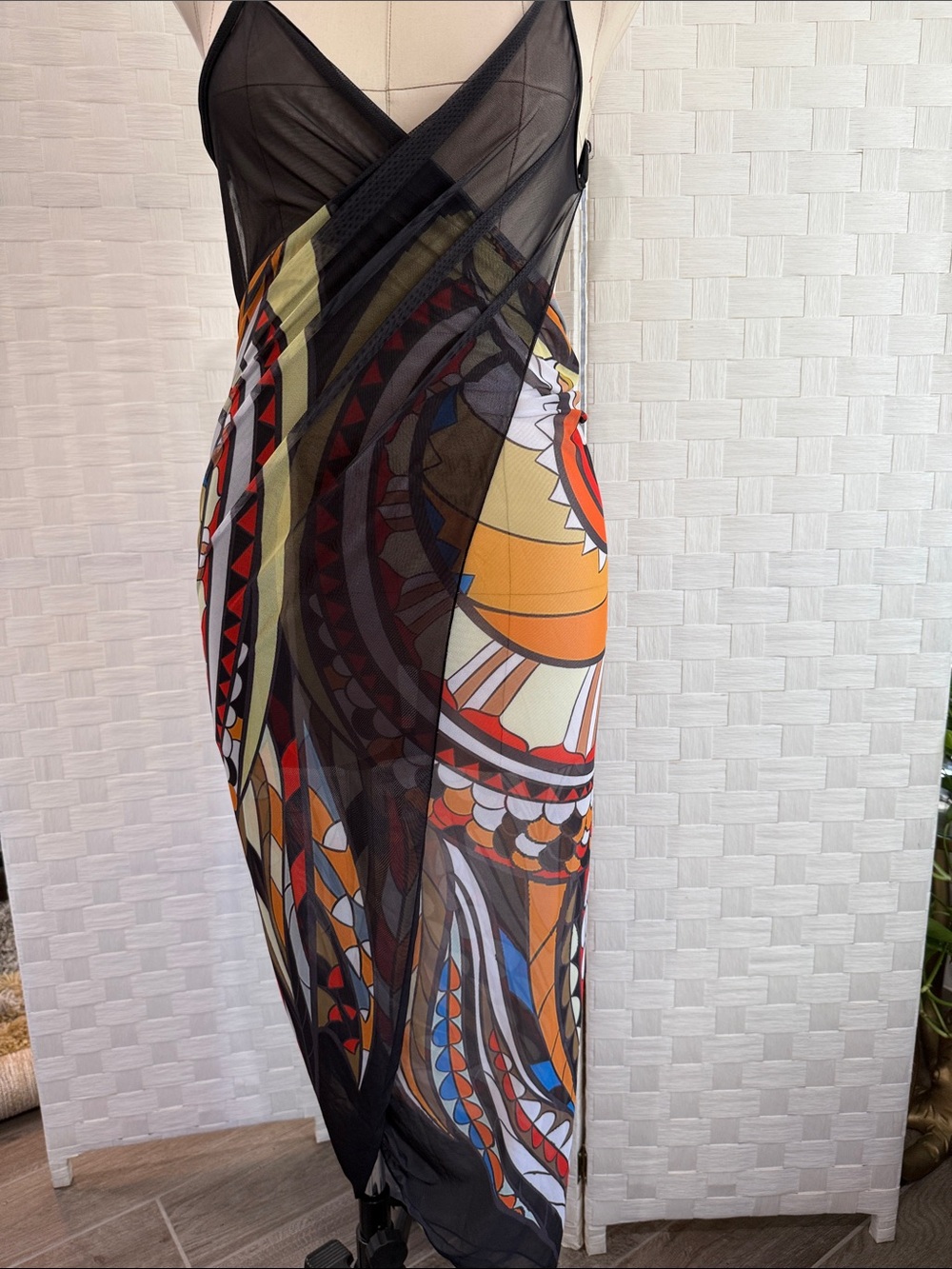 Sheer Wrap Maxi Dress with Bold Multicolor Print Cover Up